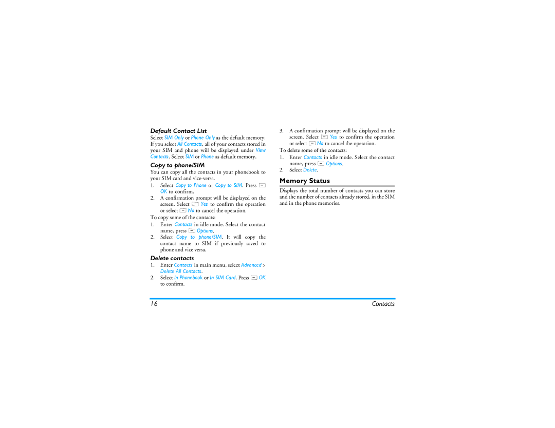 Philips 191 manual Memory Status, Default Contact List, Copy to phone/SIM, Delete contacts 