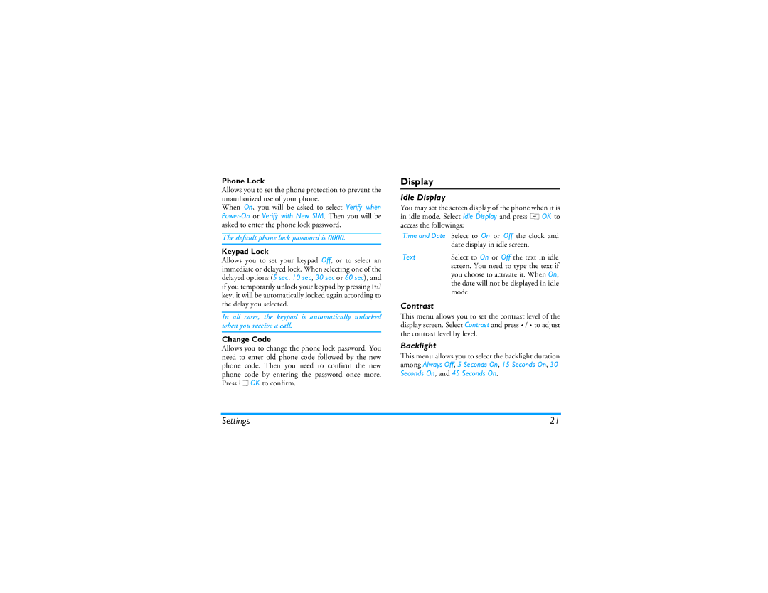 Philips 191 manual Idle Display, Contrast, Backlight 