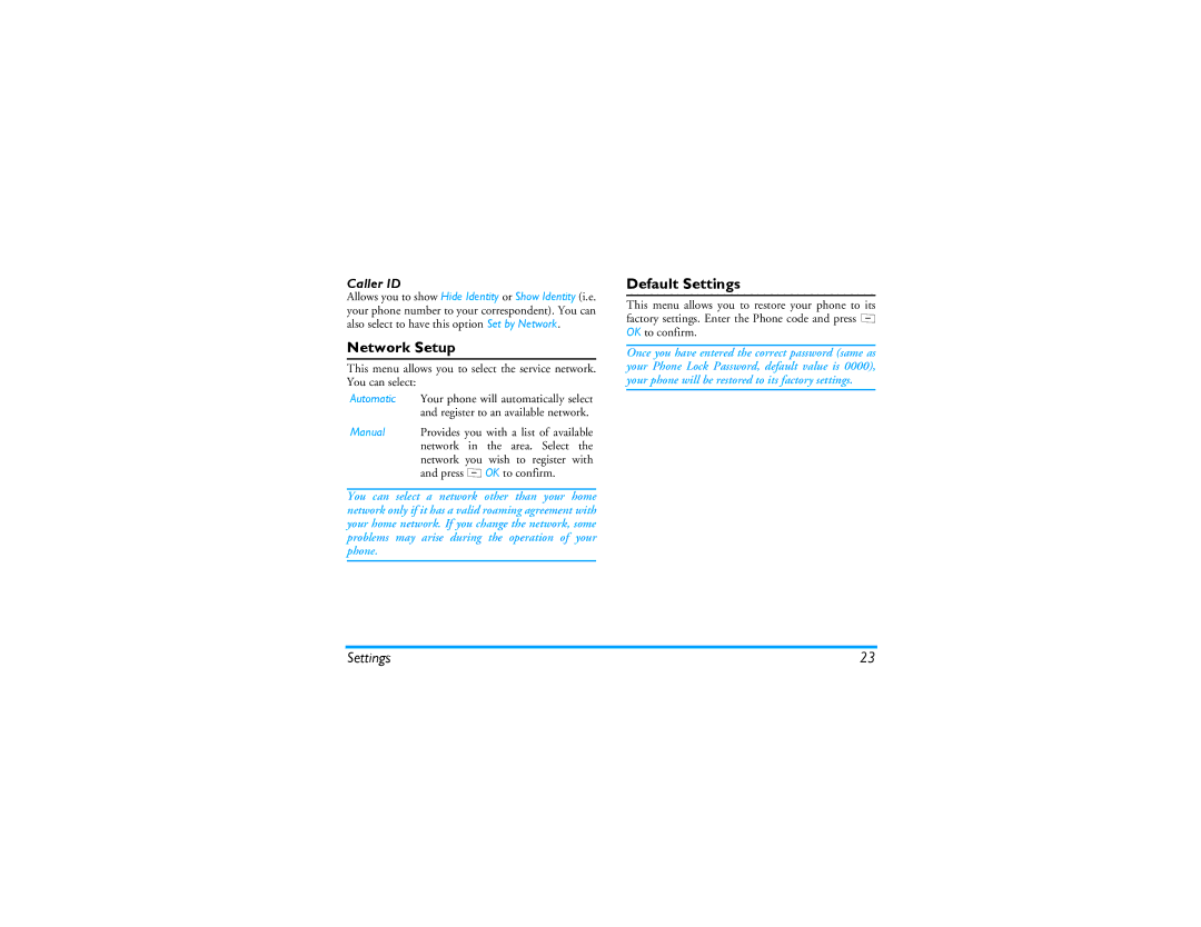 Philips 191 manual Network Setup, Default Settings, Caller ID 