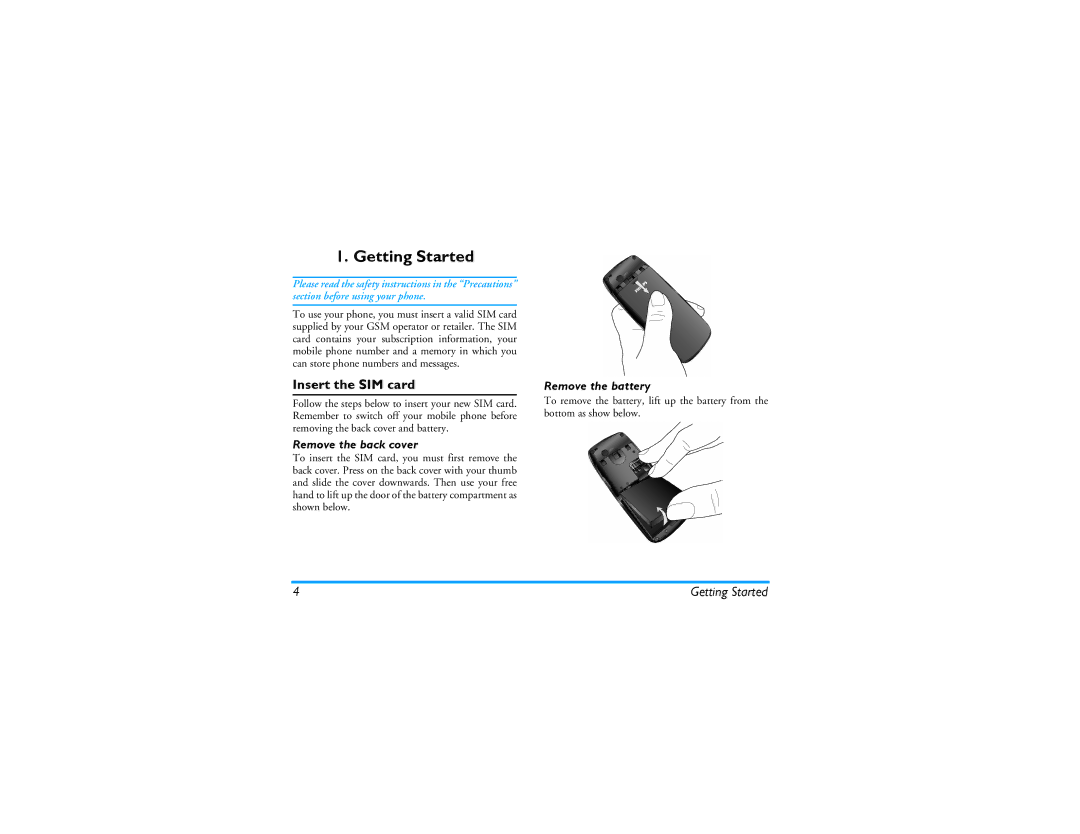 Philips 191 manual Getting Started, Insert the SIM card, Remove the back cover, Remove the battery 