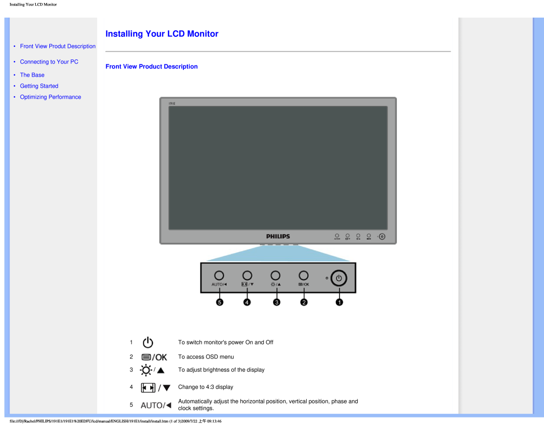 Philips 191E1SB/00 user manual Installing Your LCD Monitor, Front View Product Description 