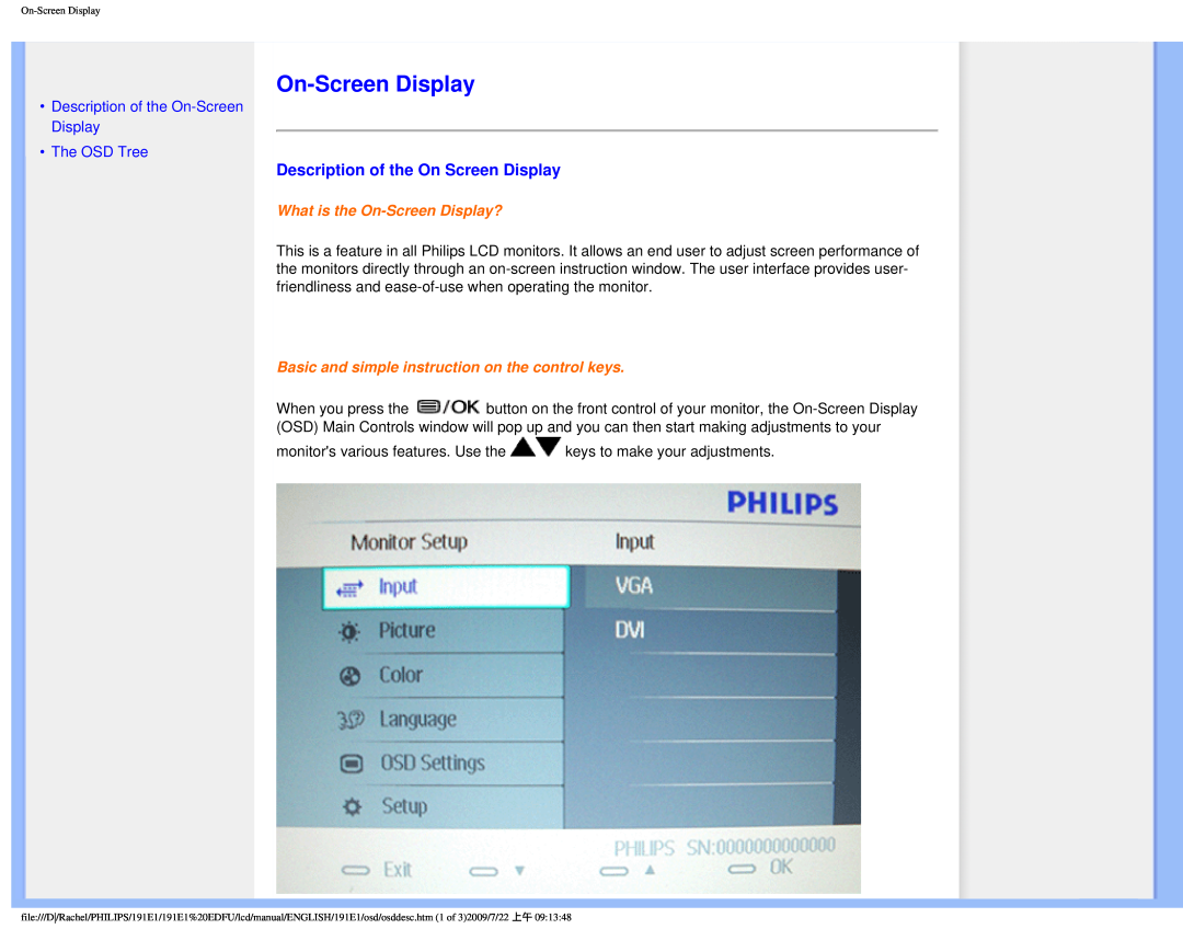 Philips 191E1SB/00 Description of the On Screen Display, Description of the On-Screen Display The OSD Tree 