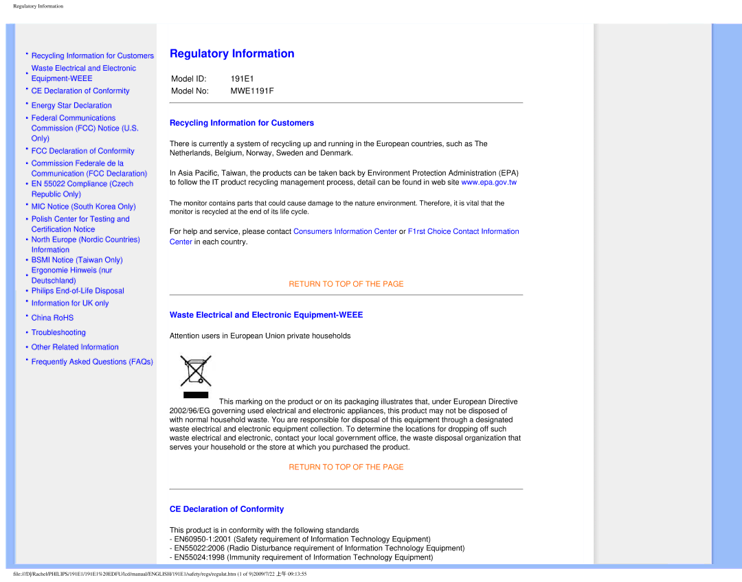 Philips 191E1SB/00 user manual Recycling Information for Customers, Waste Electrical and Electronic Equipment-WEEE 