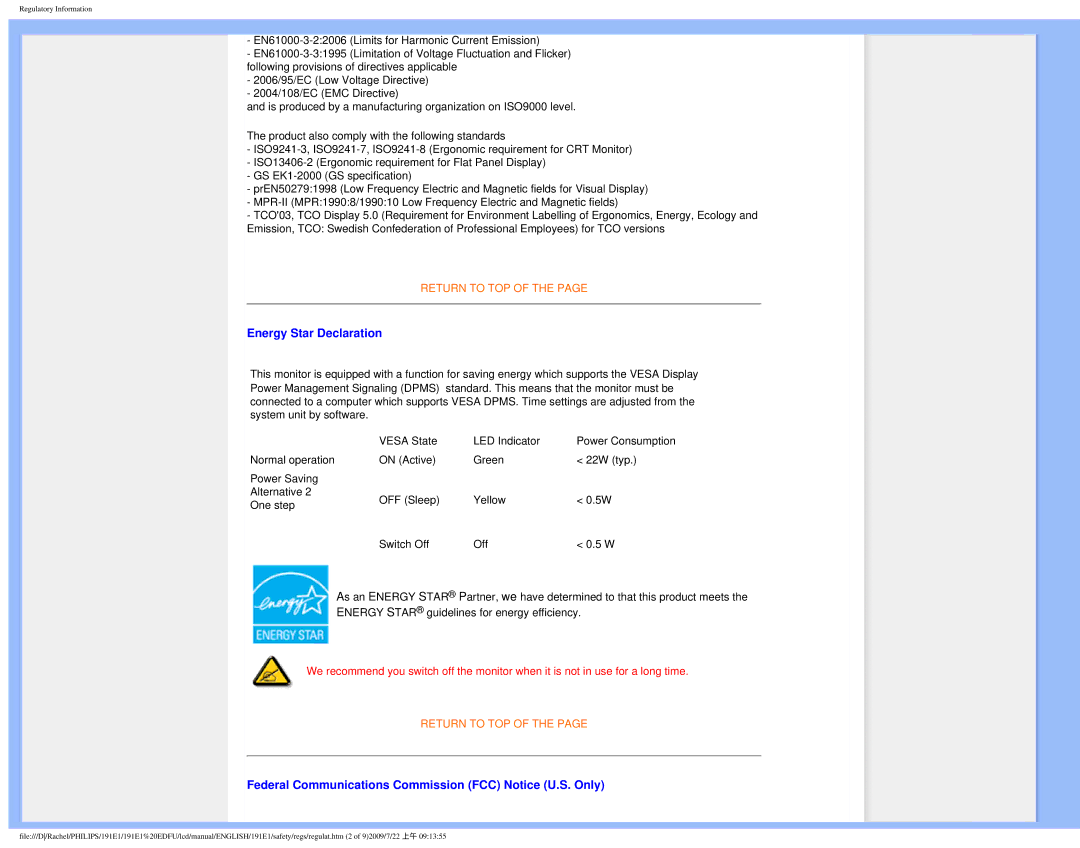 Philips 191E1SB/00 user manual Energy Star Declaration, Federal Communications Commission FCC Notice U.S. Only 