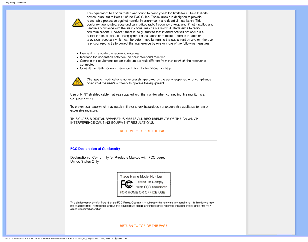 Philips 191E1SB/00 user manual FCC Declaration of Conformity 