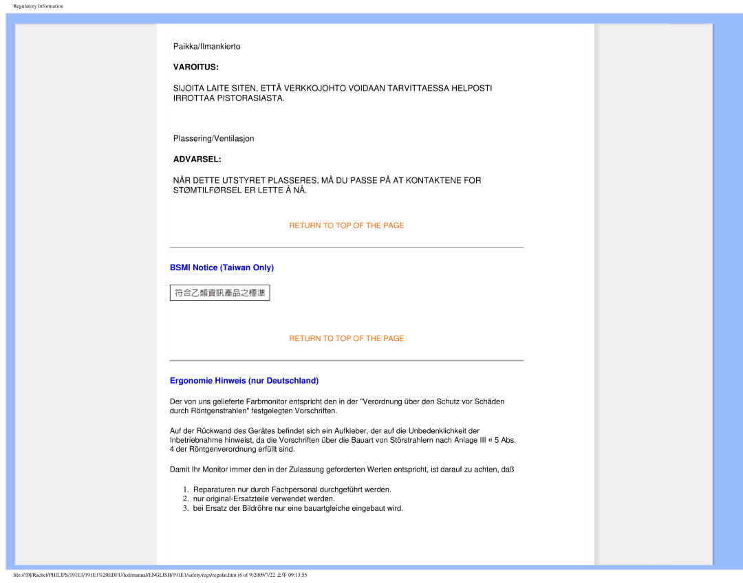 Philips 191E1SB/00 user manual Bsmi Notice Taiwan Only, Ergonomie Hinweis nur Deutschland 