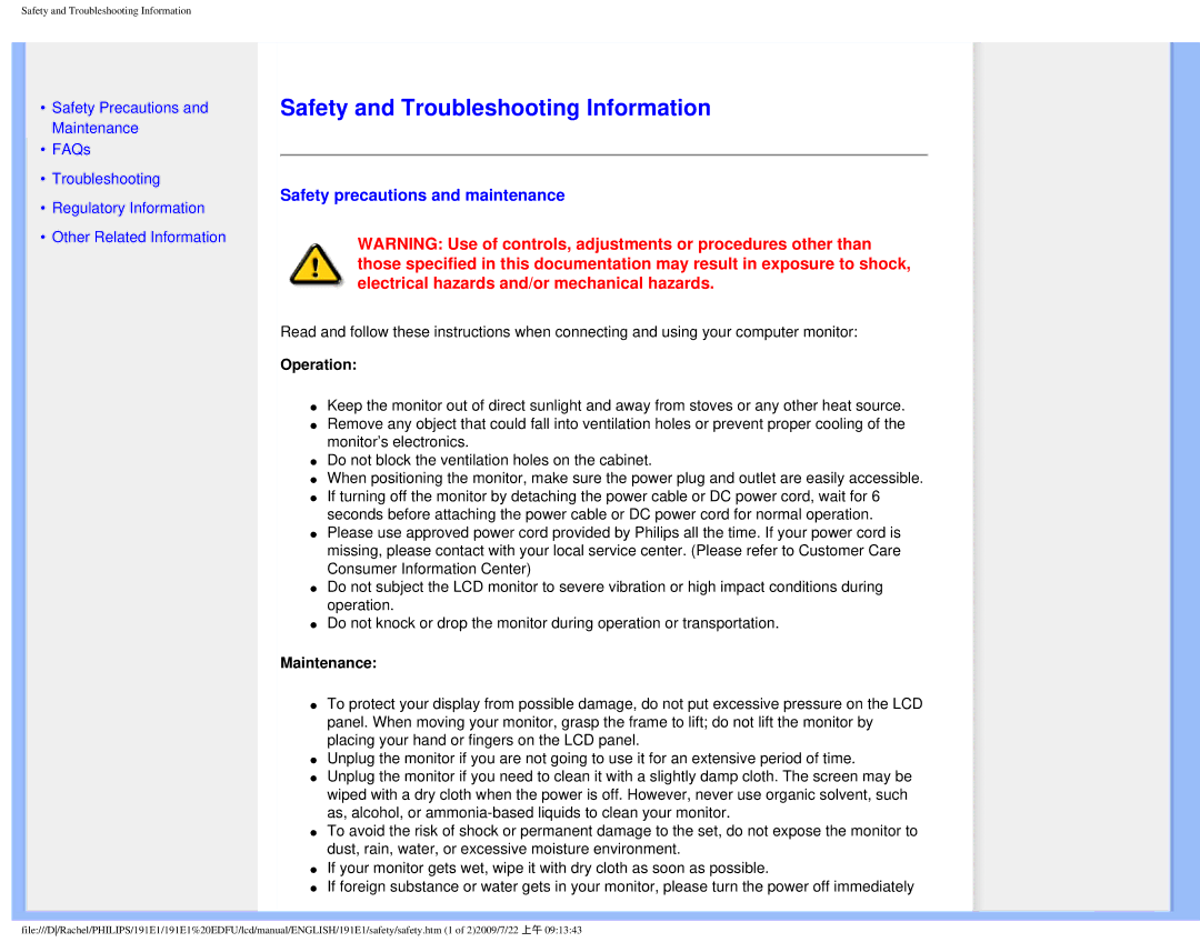 Philips 191E1SB/00 Safety and Troubleshooting Information, Safety precautions and maintenance, Operation, Maintenance 