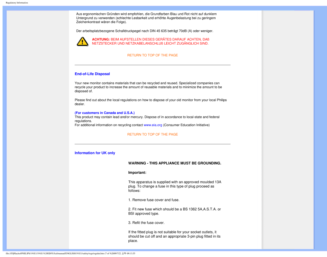 Philips 191E1SB/00 user manual End-of-Life Disposal, Information for UK only 