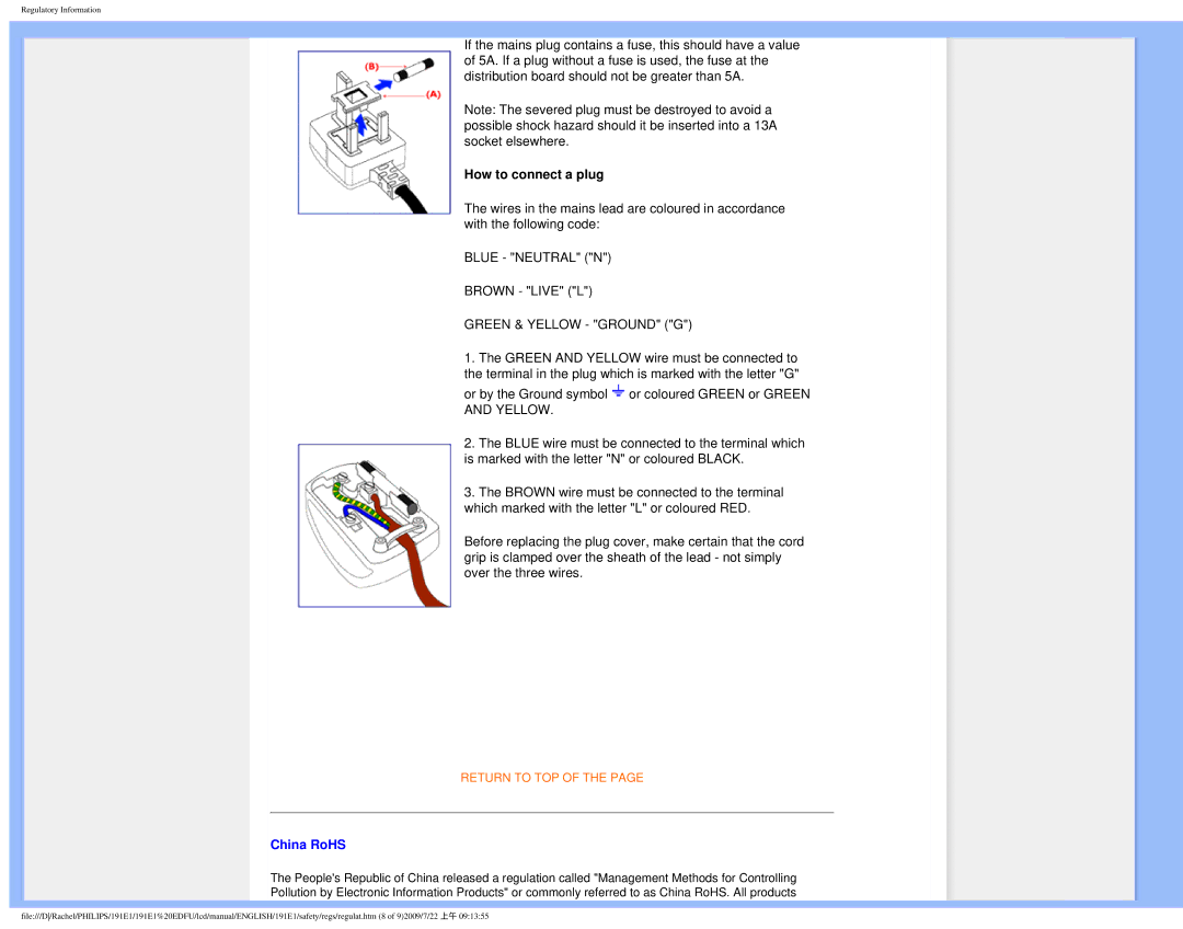 Philips 191E1SB/00 user manual How to connect a plug, China RoHS 