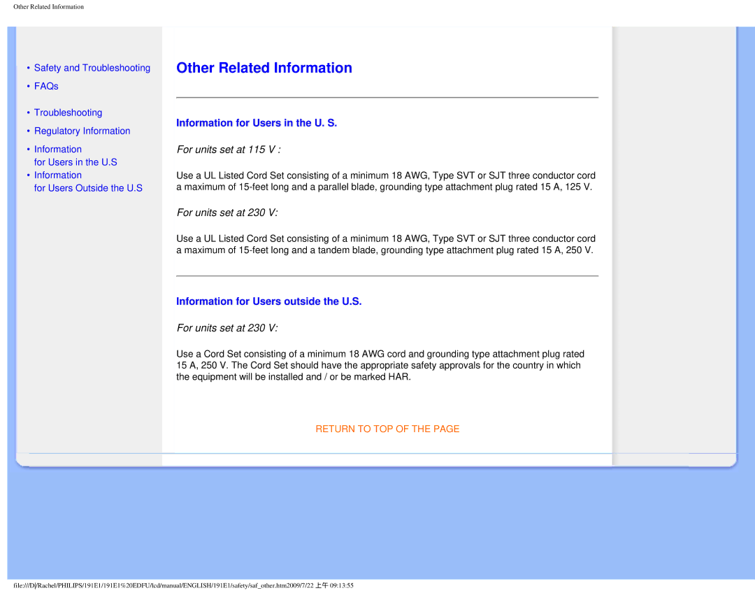 Philips 191E1 Other Related Information, Information for Users in the U. S, Information for Users outside the U.S 