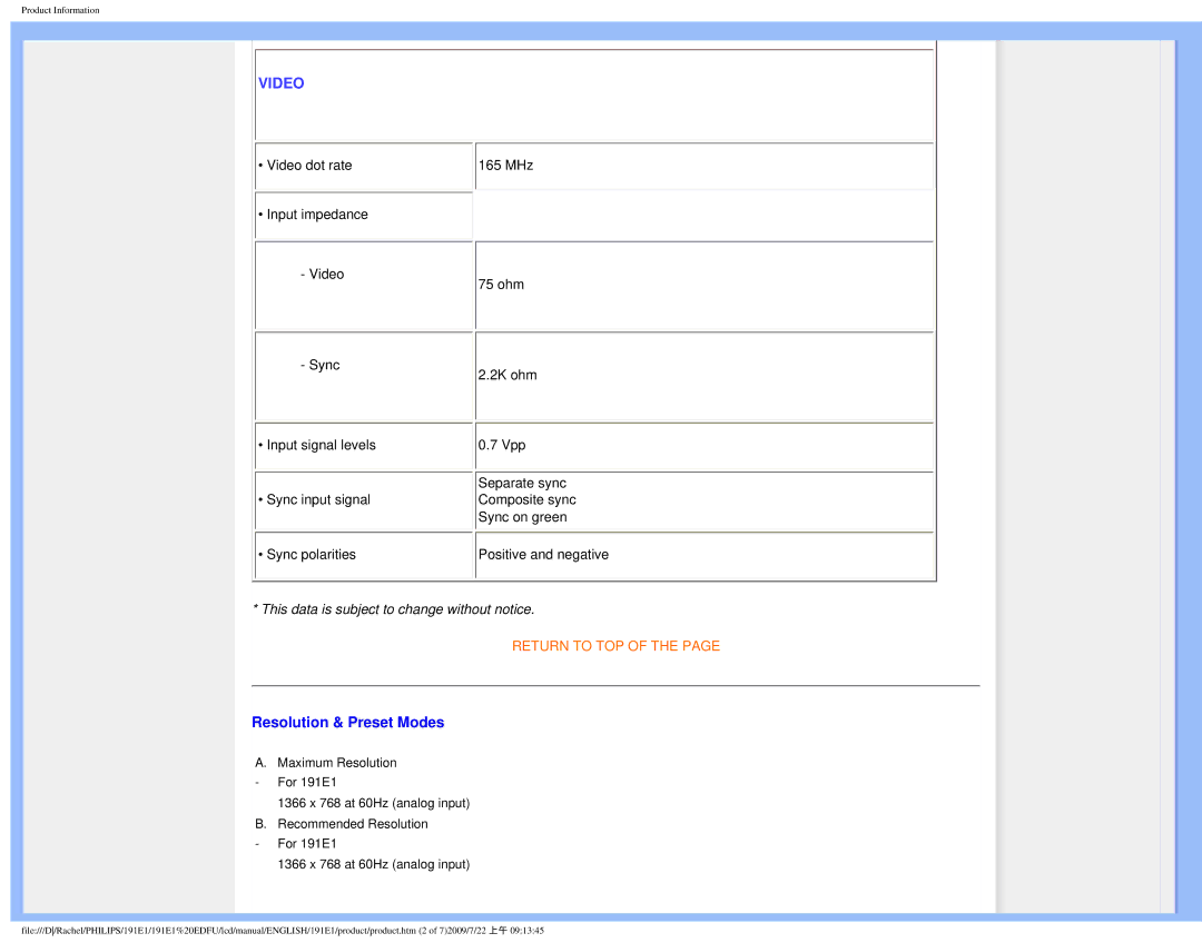 Philips 191E1SB/00 user manual Video, Resolution & Preset Modes 