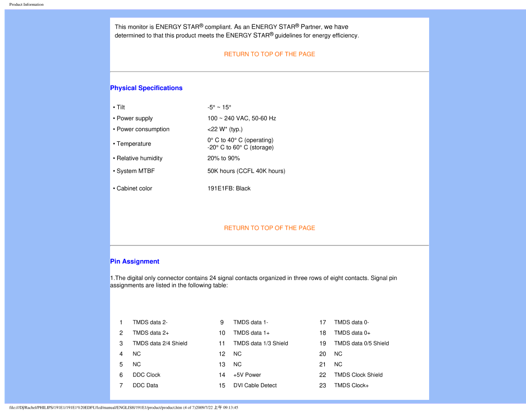 Philips 191E1SB/00 user manual Physical Specifications, Pin Assignment 