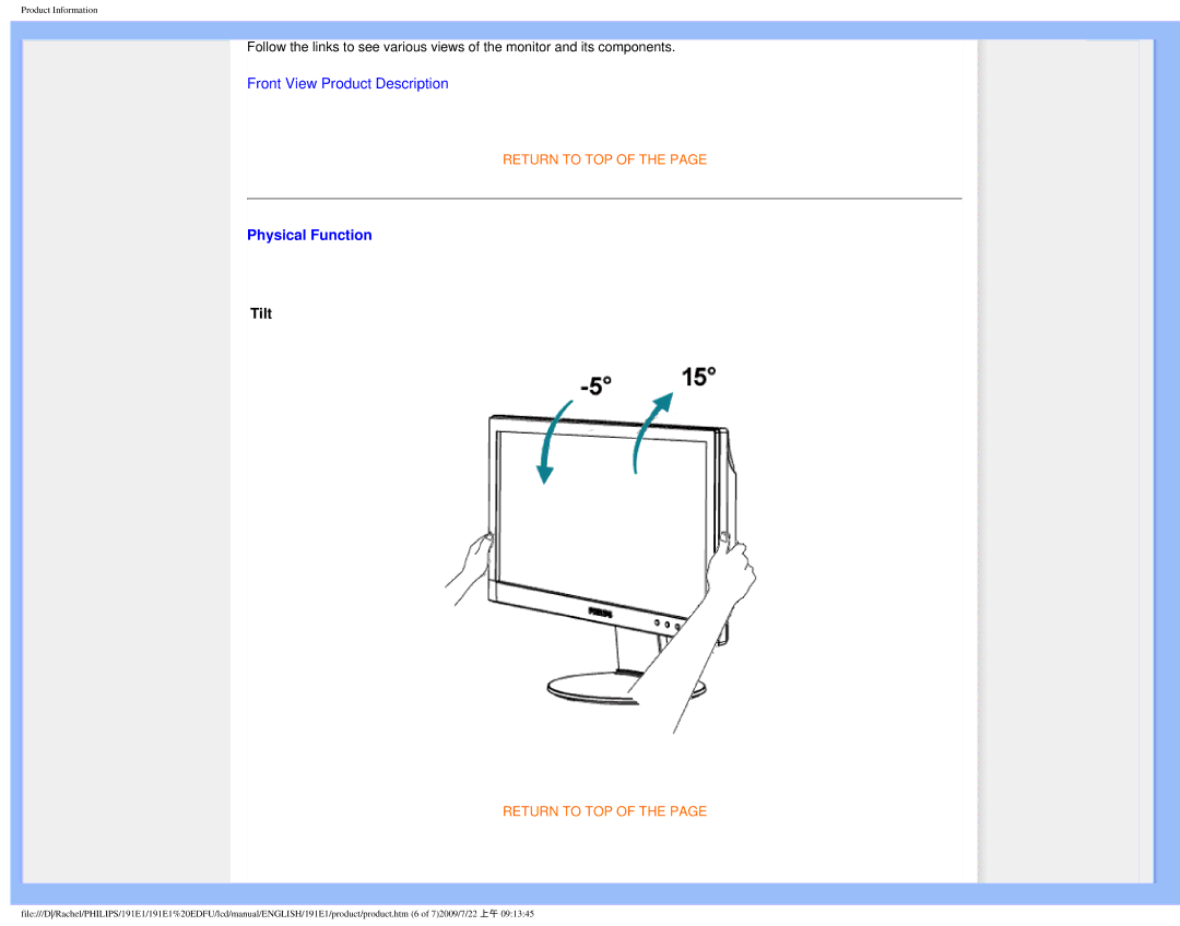 Philips 191E1SB/00 user manual Physical Function, Tilt 