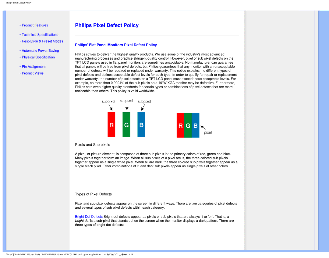 Philips 191E1SB/00 user manual Philips Pixel Defect Policy, Philips Flat Panel Monitors Pixel Defect Policy 