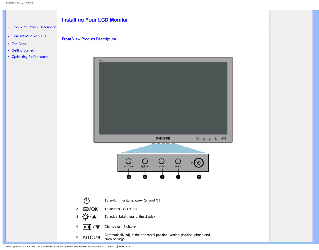 Philips 191E1SB/00 user manual Installing Your LCD Monitor, Front View Product Description 