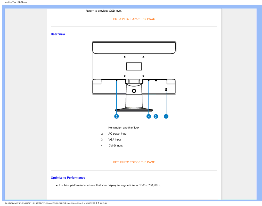 Philips 191E1SB/00 user manual Rear View, Optimizing Performance 