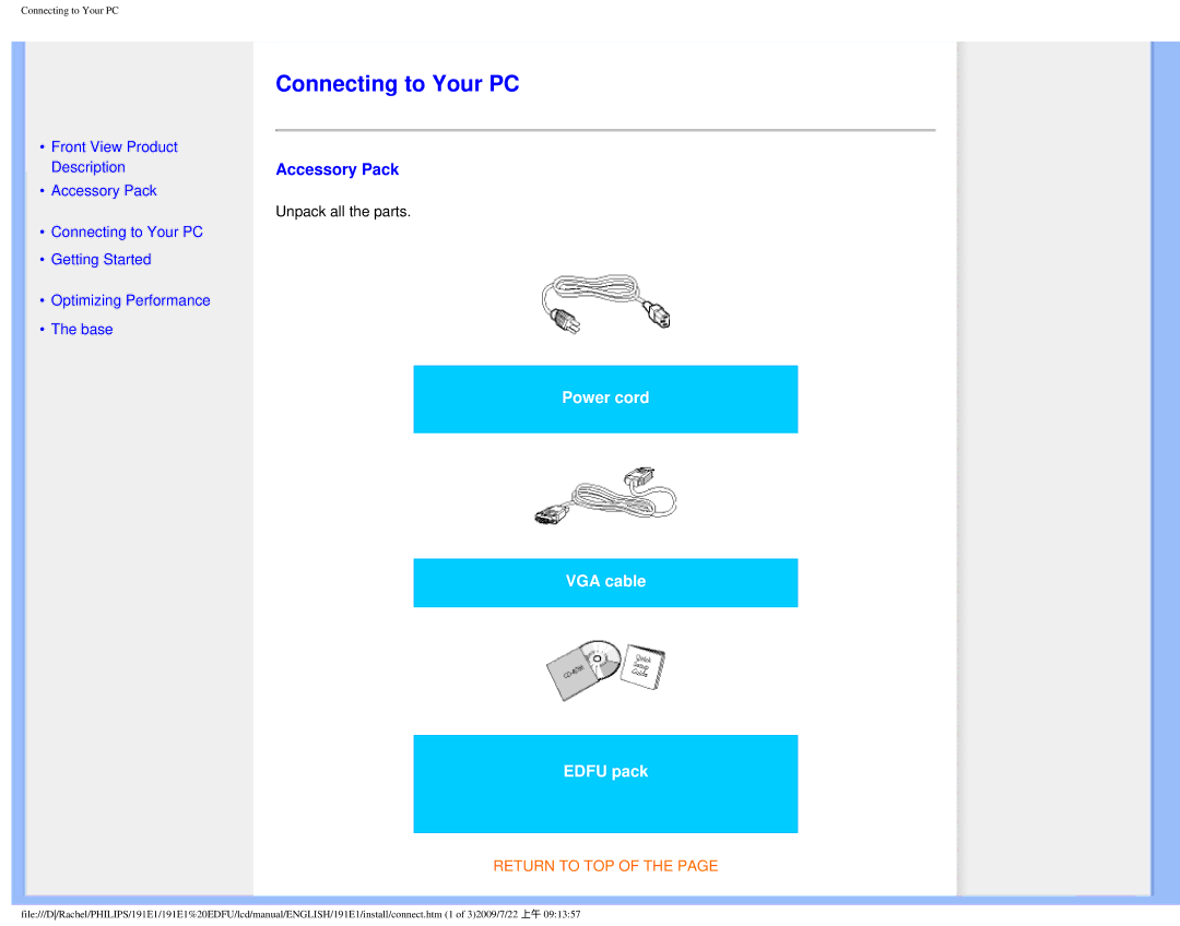 Philips 191E1SB/00 user manual Connecting to Your PC, Accessory Pack 