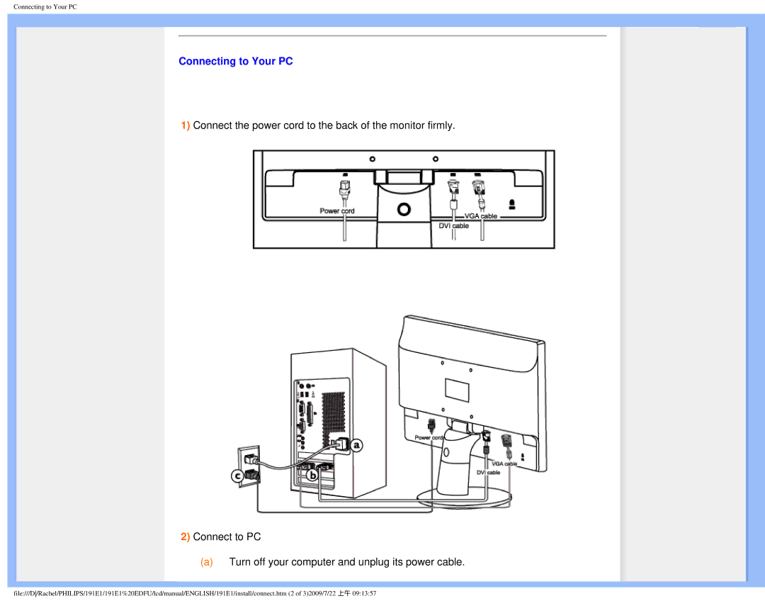 Philips 191E1SB/00 user manual Connecting to Your PC 