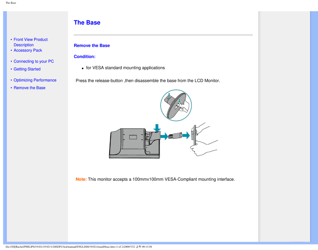 Philips 191E1SB/00 user manual Remove the Base Condition 