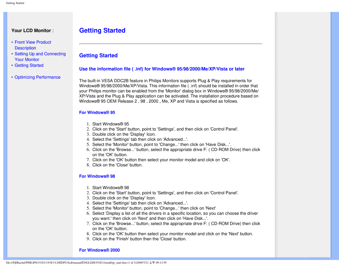 Philips 191E1SB/00 user manual Getting Started, For Windows 