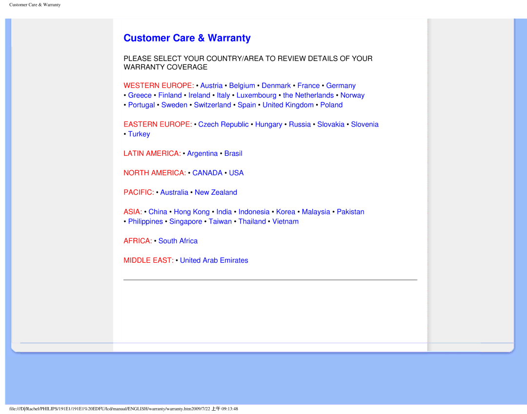 Philips 191E1SB/00 user manual Customer Care & Warranty, North America Canada USA 