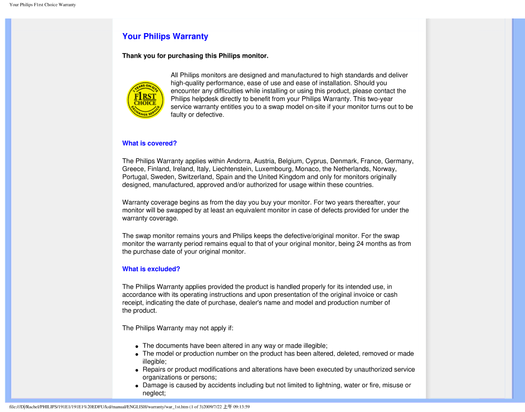 Philips 191E1SB/00 user manual Thank you for purchasing this Philips monitor, What is covered?, What is excluded? 