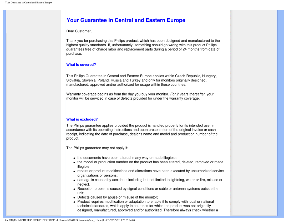 Philips 191E1SB/00 user manual Your Guarantee in Central and Eastern Europe, What is covered? 