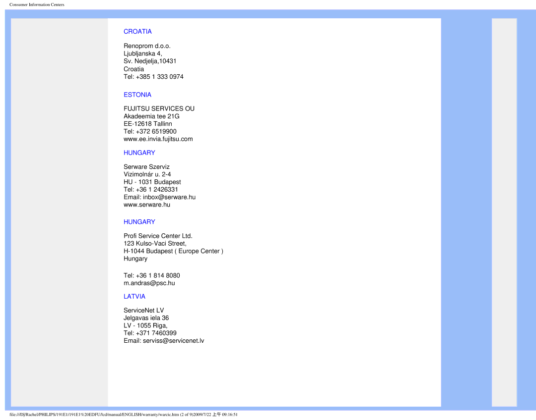 Philips 191E1SB/00 user manual Croatia 