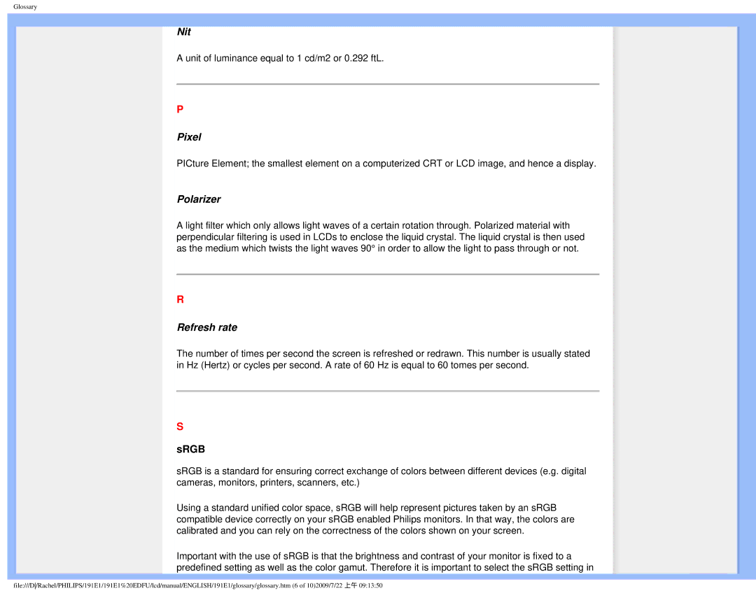 Philips 191E1SB/00 user manual Nit, Pixel, Polarizer, Refresh rate 