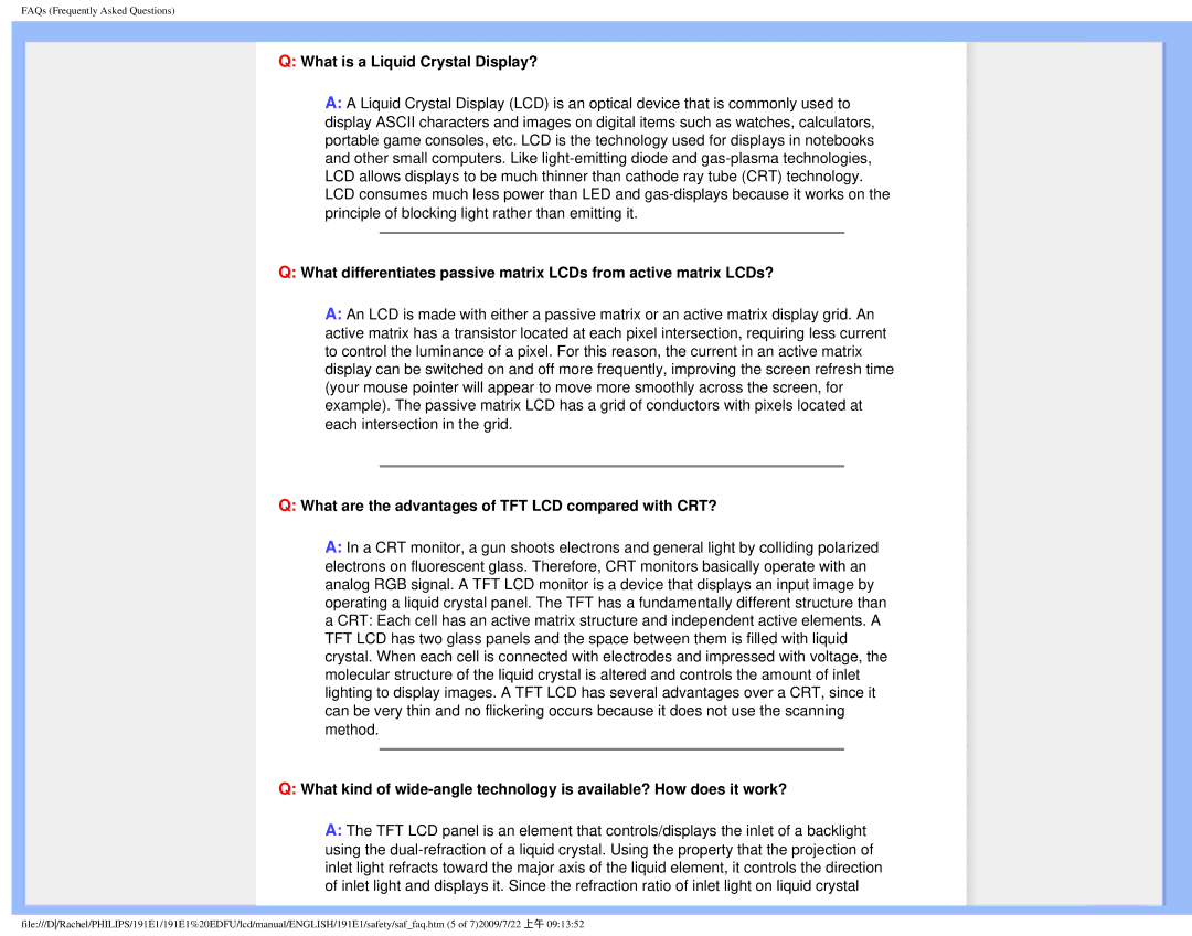 Philips 191E1SB/00 user manual What is a Liquid Crystal Display?, What are the advantages of TFT LCD compared with CRT? 