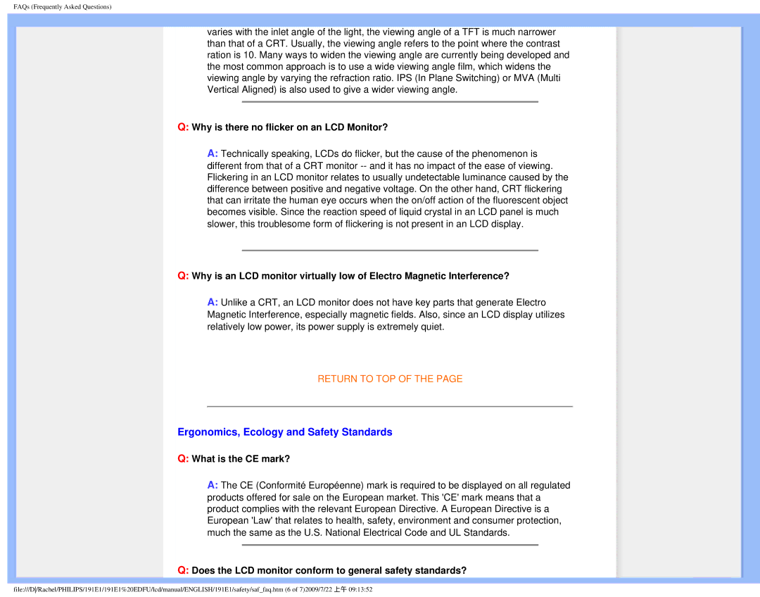 Philips 191E1 Ergonomics, Ecology and Safety Standards, Why is there no flicker on an LCD Monitor?, What is the CE mark? 