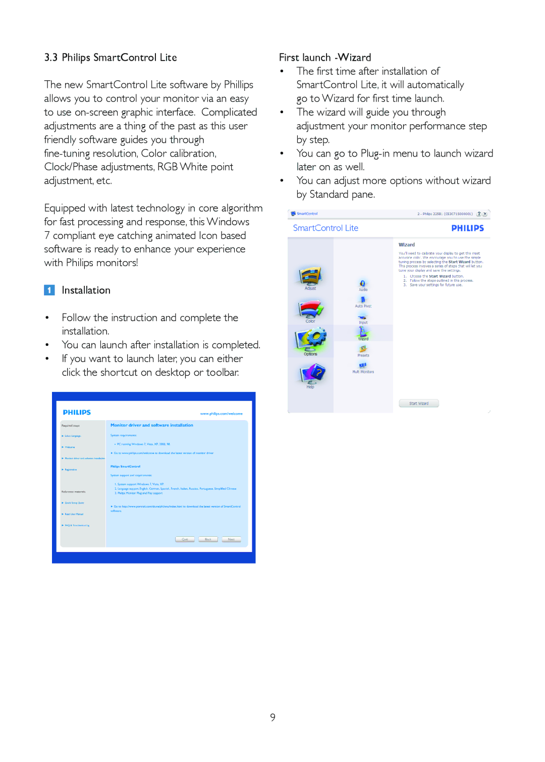 Philips 191E2SB/27 user manual Philips SmartControl Lite, First launch -Wizard First time after installation 