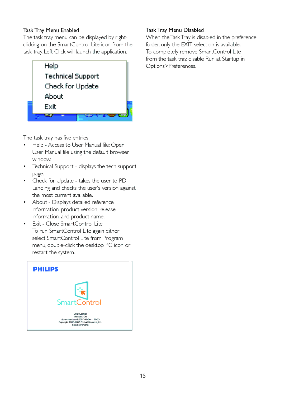 Philips 191E2SB/27 user manual Task Tray Menu Enabled, Exit Close SmartControl Lite, Task Tray Menu Disabled 