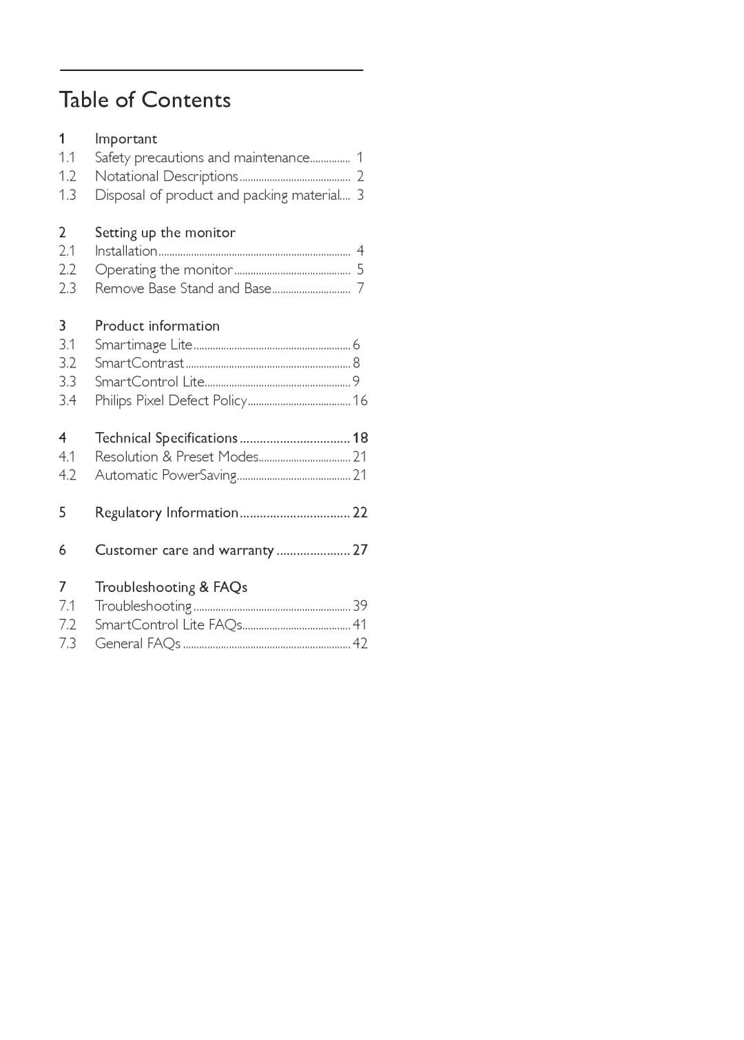 Philips 191E2SB/27 user manual Table of Contents 