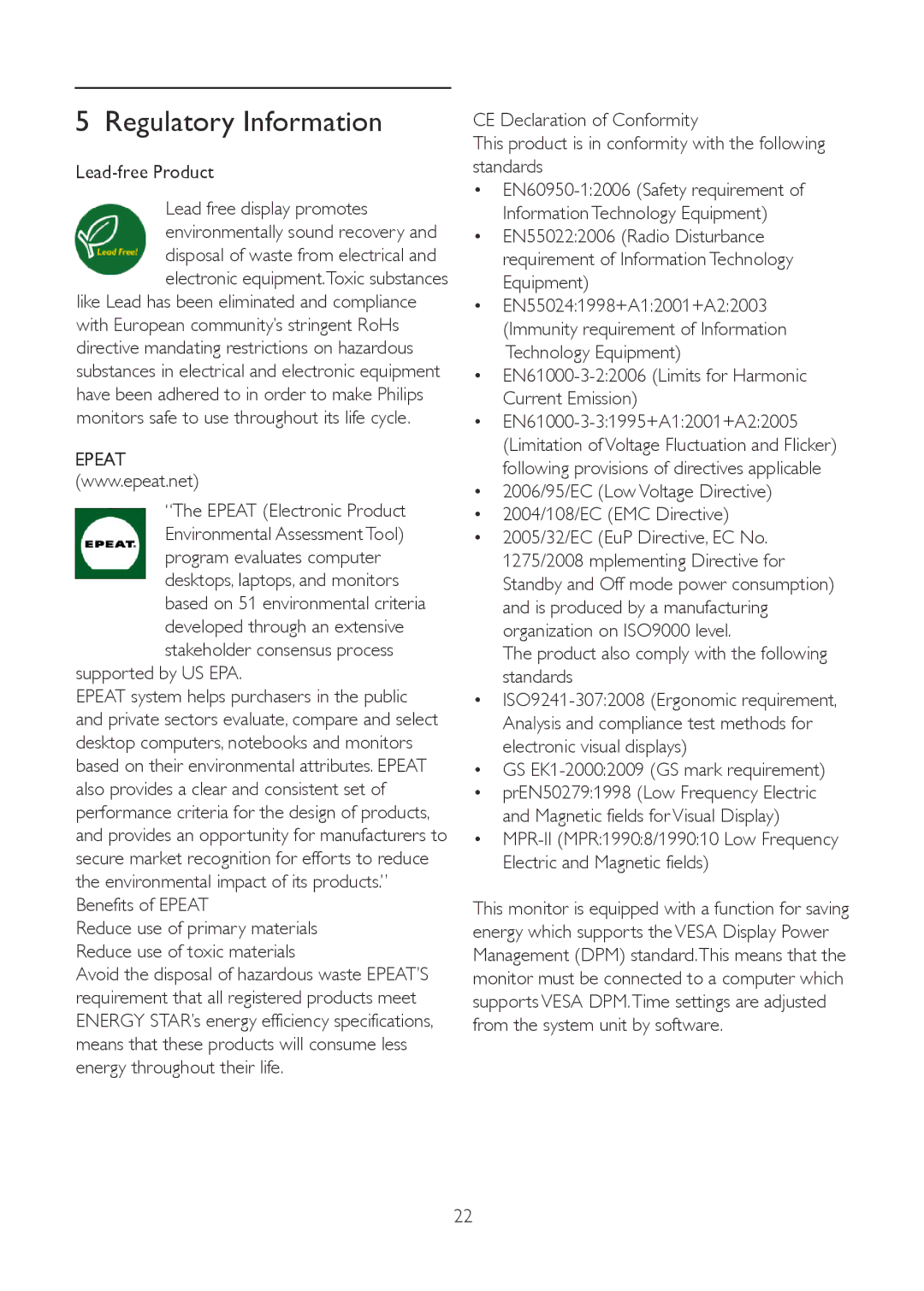 Philips 191E2SB/27 user manual Lead-free Product, Epeat Electronic Product, Supported by US EPA, EN550241998+A12001+A22003 