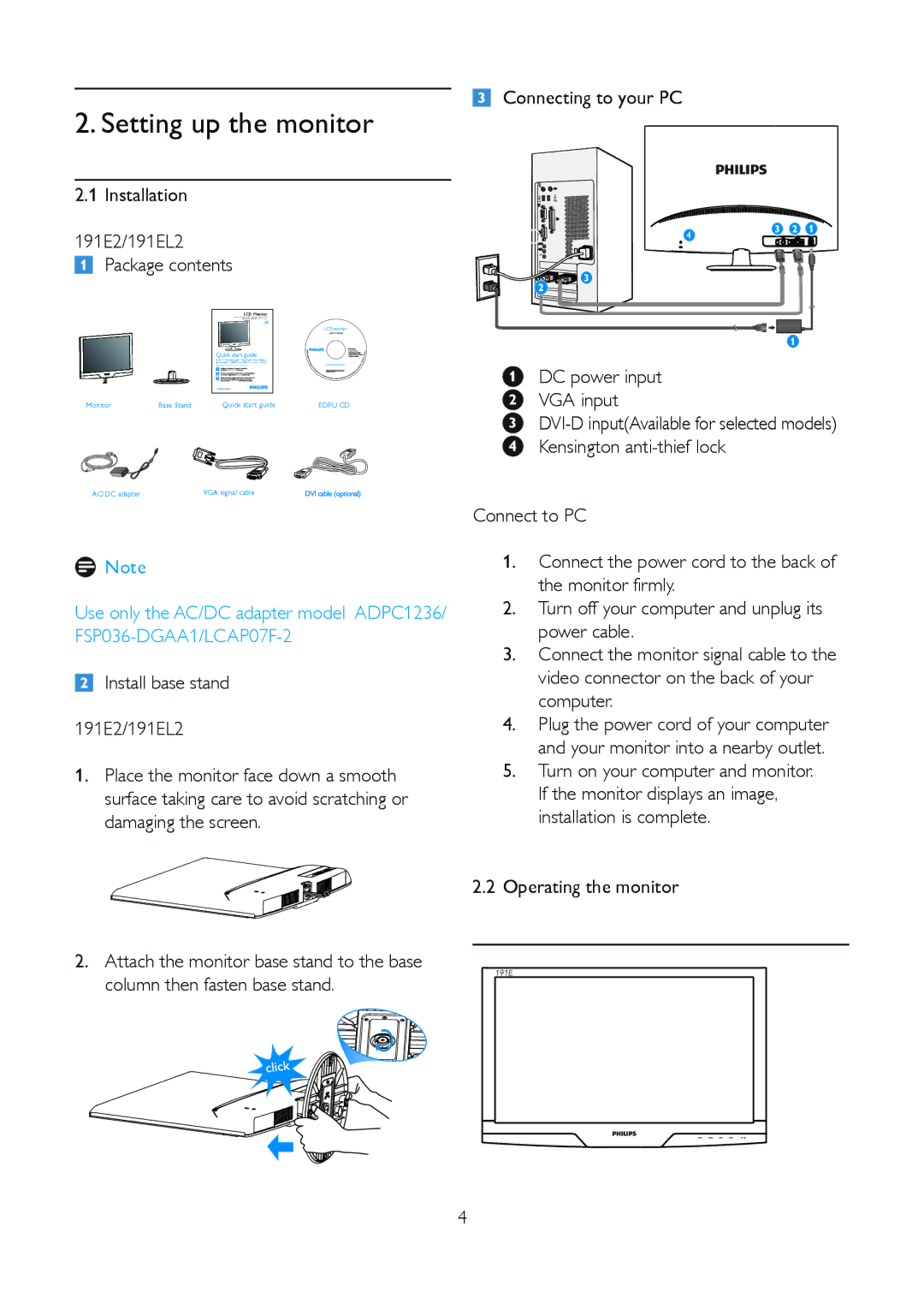 Philips 191E2SB/27 user manual Installation 191E2/191EL2 Package contents, Operating the monitor 