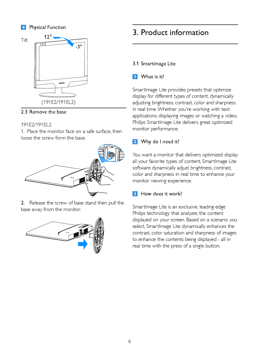 Philips 191E2SB/27 Tilt Smartimage Lite What is it?, Remove the base, Monitor performance, Monitor viewing experience 