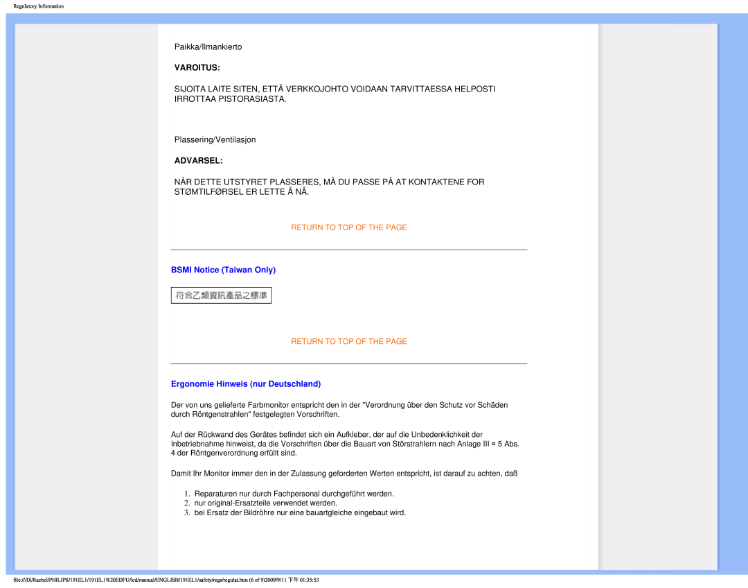 Philips 191EL1SB/27 user manual Varoitus, Advarsel, BSMI Notice Taiwan Only, Ergonomie Hinweis nur Deutschland 