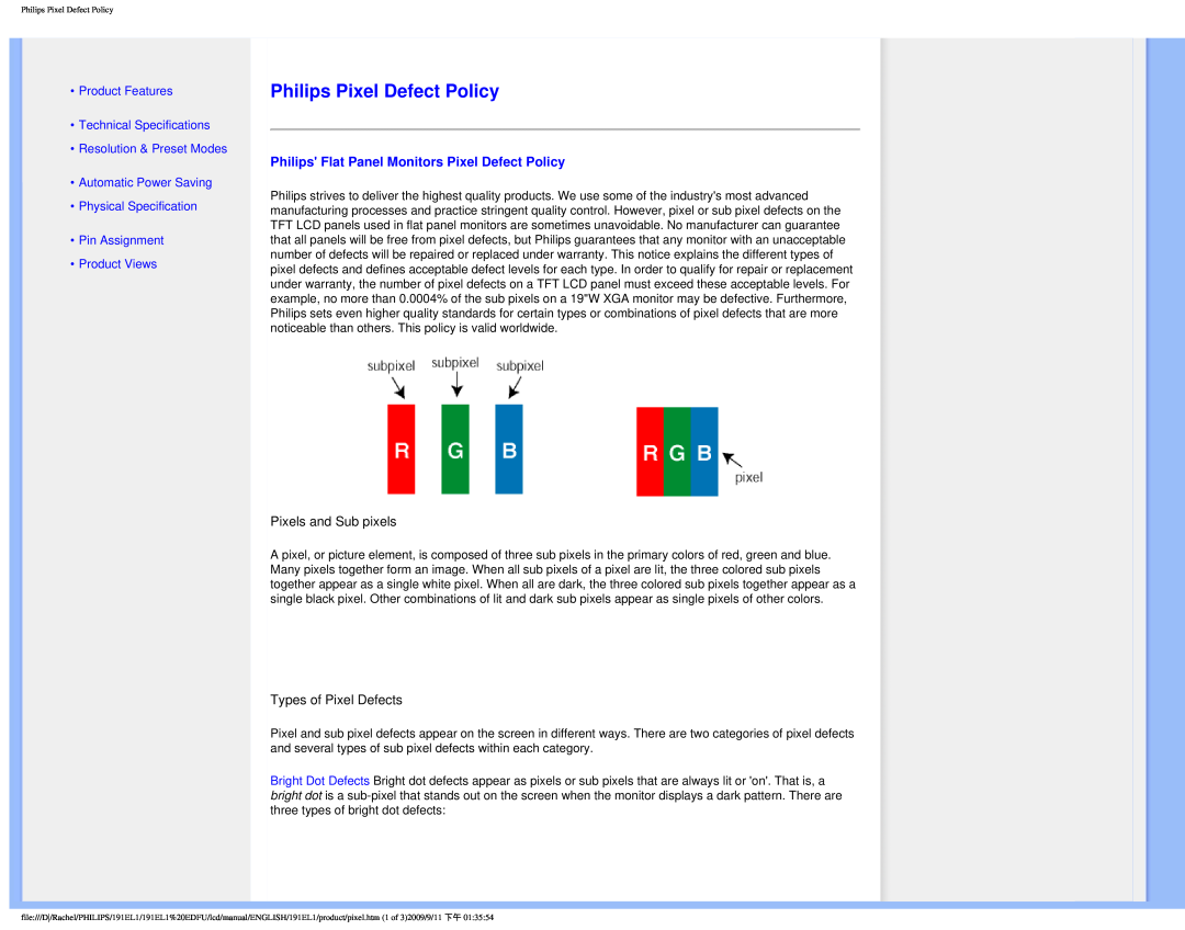 Philips 191EL1SB/27 user manual Philips Pixel Defect Policy, Philips Flat Panel Monitors Pixel Defect Policy 