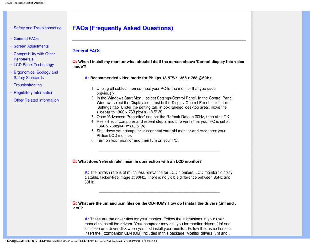 Philips 191EL1 user manual FAQs Frequently Asked Questions, Safety and Troubleshooting General FAQs Screen Adjustments 