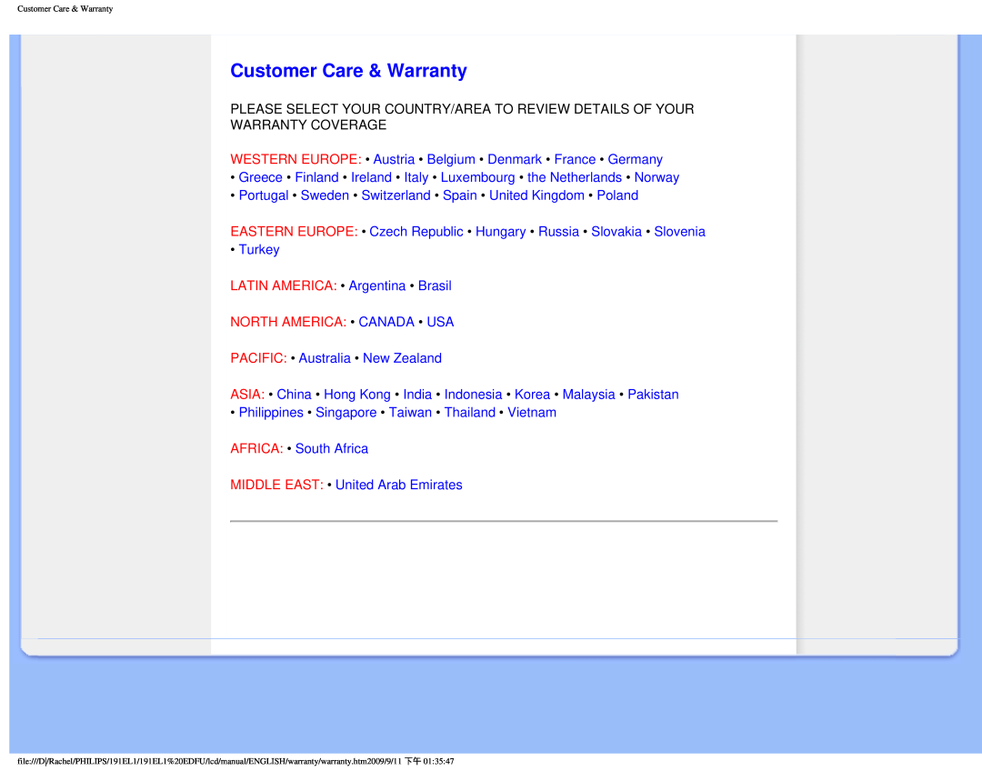 Philips 191EL1SB/27 user manual Customer Care & Warranty, North America Canada Usa, Warranty Coverage 