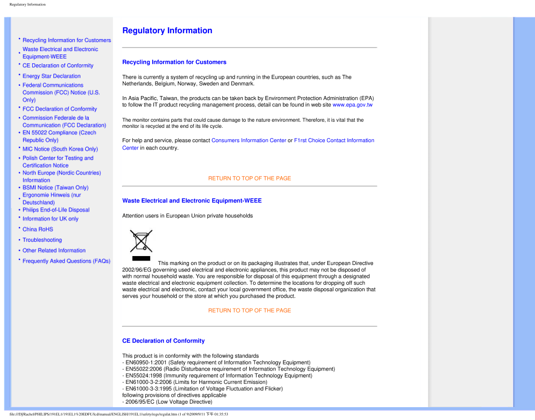 Philips 191EL1SB/27 user manual Recycling Information for Customers, Waste Electrical and Electronic Equipment-WEEE 