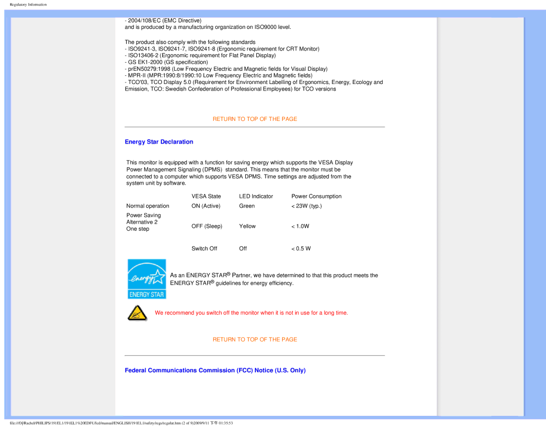 Philips 191EL1SB/27 user manual Energy Star Declaration, Federal Communications Commission FCC Notice U.S. Only 