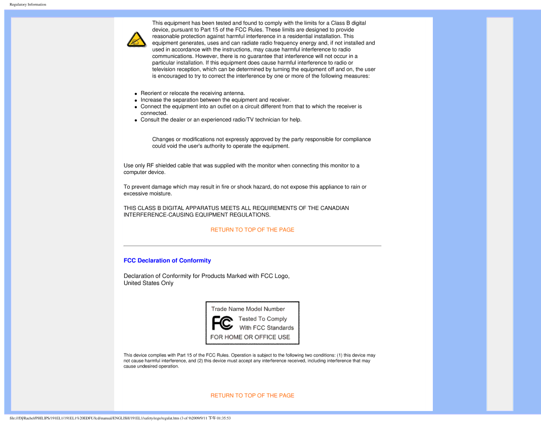 Philips 191EL1SB/27 user manual FCC Declaration of Conformity 