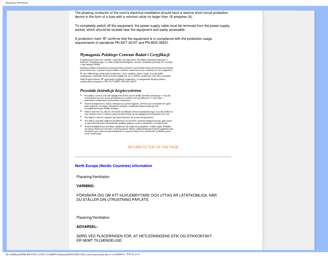 Philips 191EL1SB/27 user manual North Europe Nordic Countries Information, Varning 