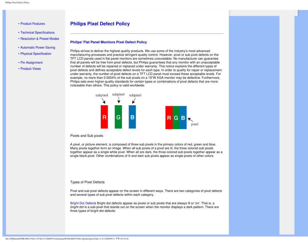 Philips 191EL1SB/27 user manual Philips Pixel Defect Policy, Philips Flat Panel Monitors Pixel Defect Policy 