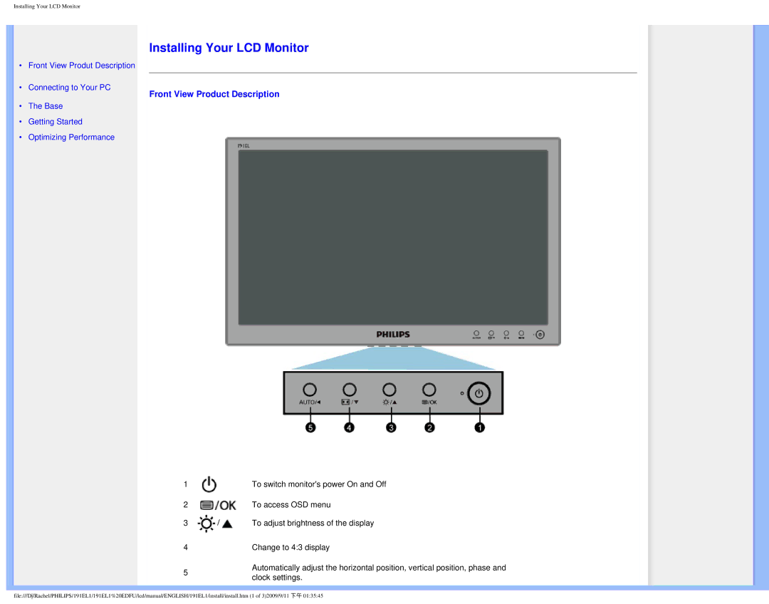 Philips 191EL1SB/27 user manual Installing Your LCD Monitor, Front View Product Description 