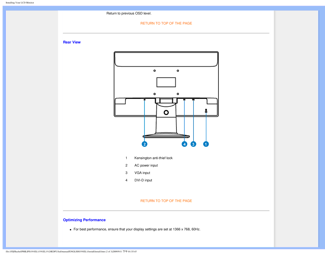 Philips 191EL1SB/27 user manual Rear View, Optimizing Performance 