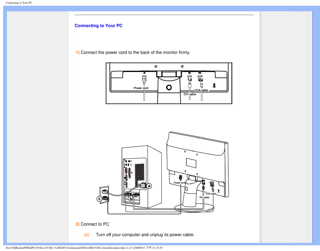 Philips 191EL1SB/27 user manual Connecting to Your PC 