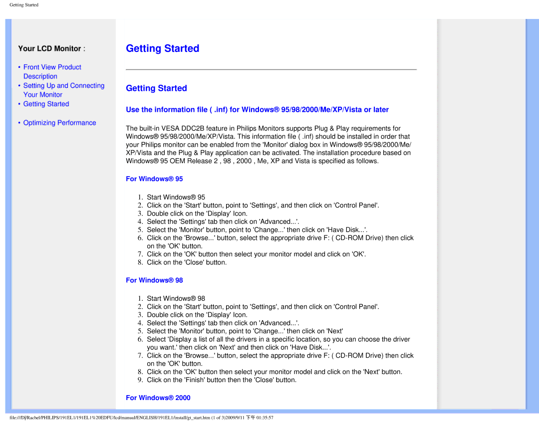 Philips 191EL1SB/27 user manual Getting Started, For Windows 